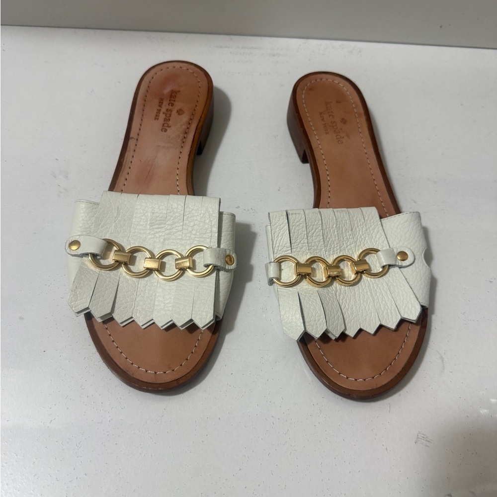 Kate Spade White Leather Fringe Slide Sandals with Gold Chain
